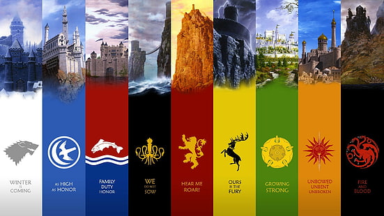 Game of Thrones, sigilli, citazione, castello, pannelli, TV, letteratura, collage, A Song of Ice and Fire, Sfondo HD HD wallpaper