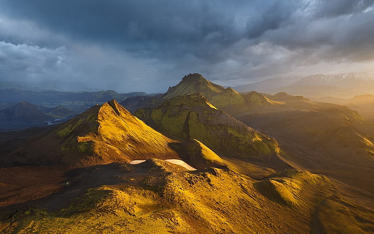 mountain range, nature, landscape, mountains, clouds, sunset, Iceland, river, gold, HD wallpaper
