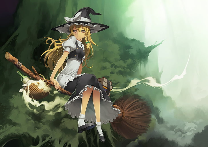yellow-haired witch anime wallpaper, girl, broom, hat, witch, witchcraft, HD wallpaper