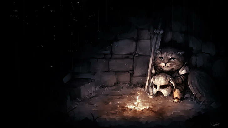 The Elder Scrolls, The Elder Scrolls V: Skyrim, cats, dragonborn, fire, campfire, digital art, artwork, digital, HD wallpaper