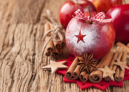 vier rote Äpfel, Sternanis und Zimt, Winter, Äpfel, Stöcke, rot, Zimt, Bogen, Band, Feiertage, Gewürze, Sternanis, Anis, HD-Hintergrundbild HD wallpaper