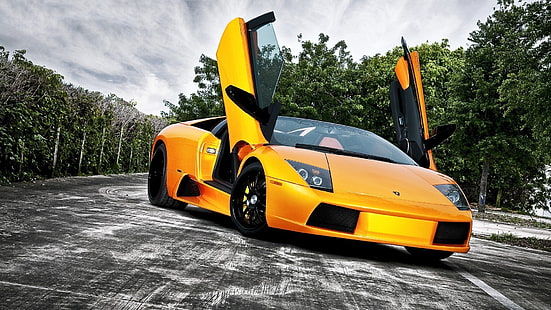 Lamborghini, кола, тъмно, черно, жълто, Lamborghini Murcielago LP650-4 Roadster, HD тапет HD wallpaper