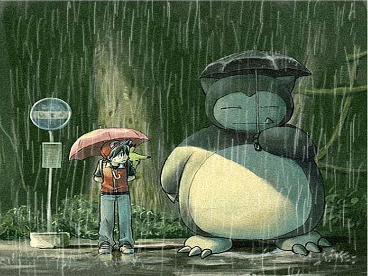 bus, parody, pokemon, rain, snorlax, stop, totoro, umbrellas, HD wallpaper