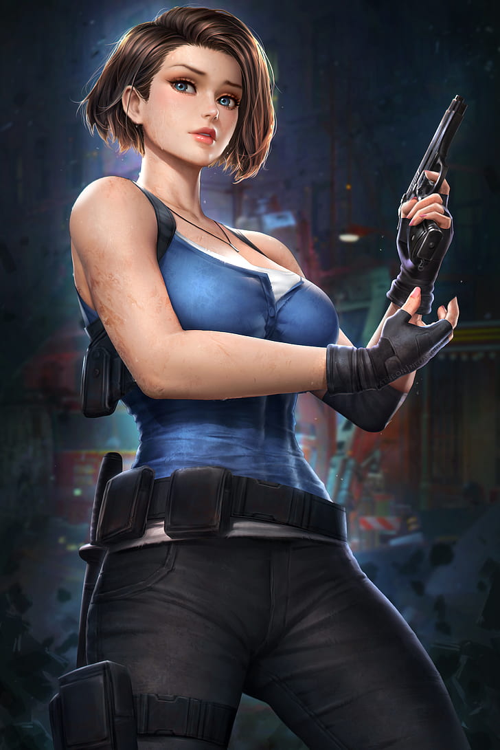 Jill Valentine, Resident Evil, Resident Evil 3, Resident Evil 3 Remake, kurgusal karakter, video oyunları, video oyunu kızlar, video oyun karakterleri, kadınlar, esmer, mavi gözler, izleyiciye bakmak, kirli, kolye, T-shirt, kot pantolon,kemer, uyluk askısı, eldiven, parmaksız eldiven, silah, silah, silahlı kızlar, alan derinliği, portre ekranı, dikey, fantezi kız, resmi, çizim, illüstrasyon, dijital sanat, fan sanat, NeoArtCorE (sanatçı), HD masaüstü duvar kağıdı, telefon duvar kağıdı