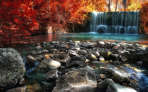 waterfalls between trees wallpaper, waterfalls and forests, nature, landscape, fall, river, pond, trees, Italy, waterfall, stones, forest, sunlight, red, yellow, leaves, colorful, HD wallpaper HD wallpaper