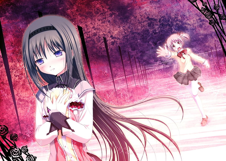 black-and-pink-haired female characters wallpaper, girls, grief, sadness, bridge, hearts, chase, HD wallpaper