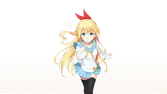 желтоволосый женский персонаж аниме, аниме, аниме девушки, блондинка, длинные волосы, Nisekoi, Kirisaki Chitoge, голубые глаза, школьная форма, украшение для волос, лента, HD обои HD wallpaper