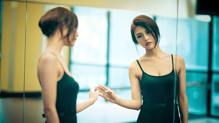 mulheres, modelo, asiático, espelho, mãos, reflexão, ombros nus, HD papel de parede