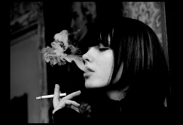 дым, темные волосы, кавказец, женщины, сигареты, портрет, монохромный, закрытые глаза, HD обои