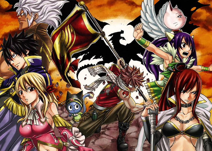 Anime, Fairy Tail, Charles (Fairy Tail), Elfman Strauss, Erza Scarlet, Gray Fullbuster, Happy (Fairy Tail), Igneel (Fairy Tail), Lucy Heartfilia, Natsu Dragneel, Wendy Marvell, HD wallpaper