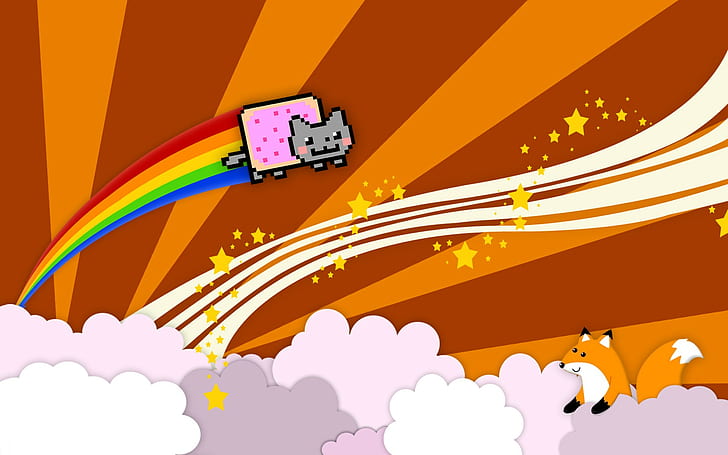 Nyan cat, Nyan, Cat, Fox, Fun, Clouds, HD wallpaper