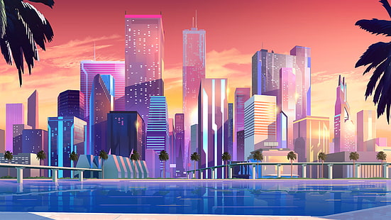 고층 빌딩, Moonbeam City, 건물, 최소한의, 네온, 4K, 8K, HD 배경 화면 HD wallpaper