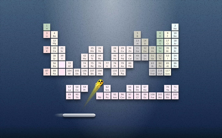 Периодическая таблица игровых иллюстраций, плоская планировка приложения периодической таблицы, приводящая к сбою игрового приложения, периодическая таблица, элементы, радиоактивные, ретро-игры, химия, наука, синий фон, арканоид, HD обои