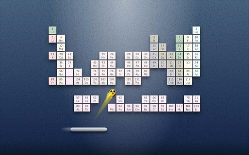 Периодическая таблица игровых иллюстраций, плоская планировка приложения периодической таблицы, приводящая к сбою игрового приложения, периодическая таблица, элементы, радиоактивные, ретро-игры, химия, наука, синий фон, арканоид, HD обои HD wallpaper