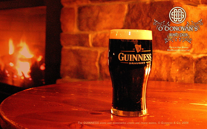Guinness, beer, alcohol, fireplace, drinking glass, HD wallpaper