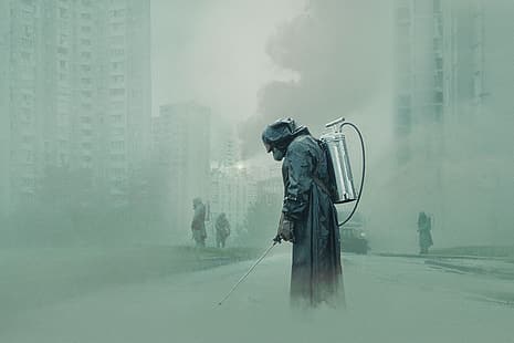 Tjernobyl, TV-serien, gasmasker, grupp människor, katastrof, urban, HBO, rök, byggnad, gata, fordon, HD tapet HD wallpaper