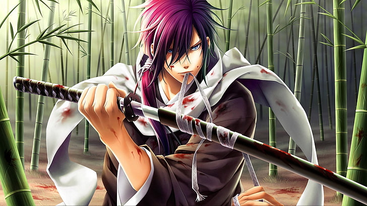 мужчина держит меч аниме катана иллюстрации, хакуоки, сайто хадзимэ, парень, меч, кровь, рана, бамбук, HD обои