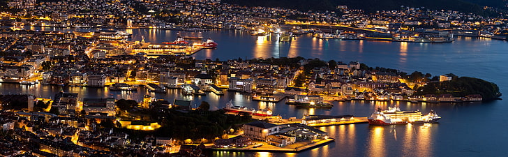 Bergen At Night Panorama, white and black boat, Europe, Norway, Sunset, panorama, Bergen, norge, hordaland, HD wallpaper