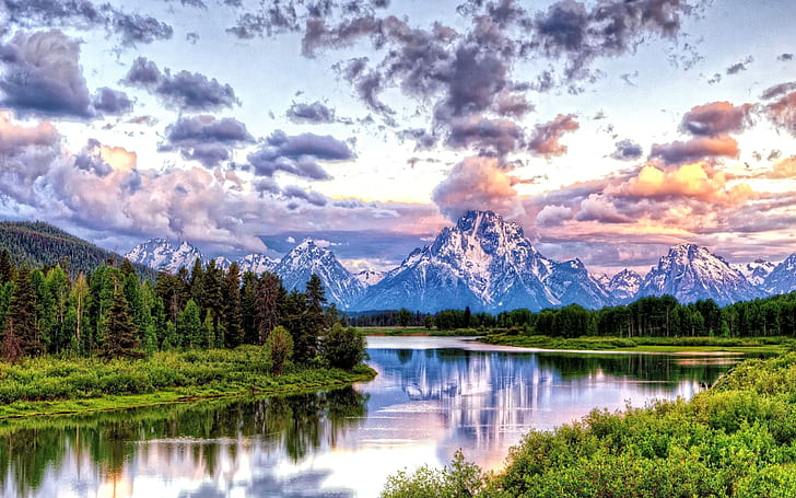 Oxbow Bend Grand Teton National Park Hdr Mountains River Sunset Sunrise Clouds 2560×1600, HD wallpaper