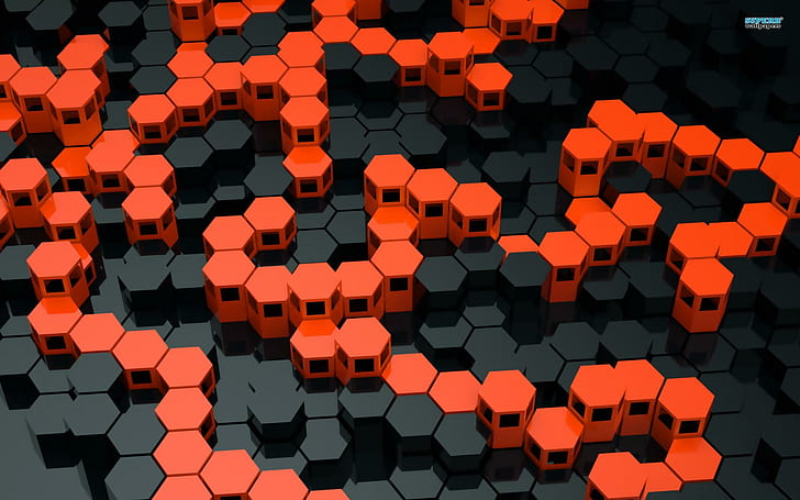 Hexagon, orange, svart, kan inte tänka på en fjärde, hexagon, 3d och abstrakt, HD tapet