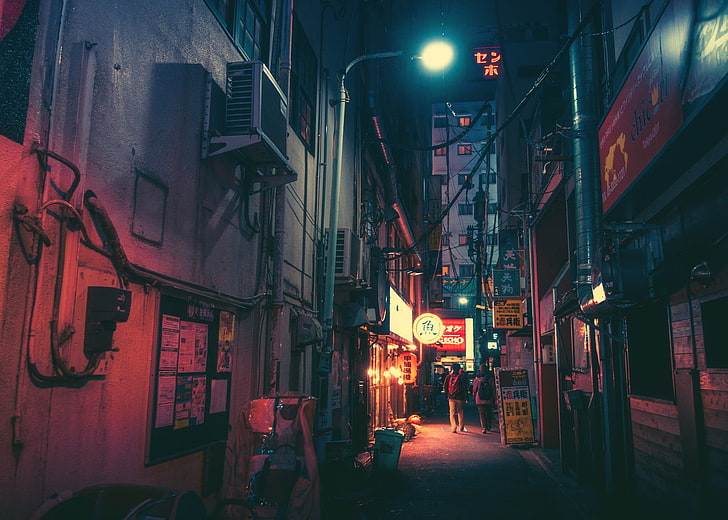 condenseur à air, Japon, rue, néon, Fond d'écran HD