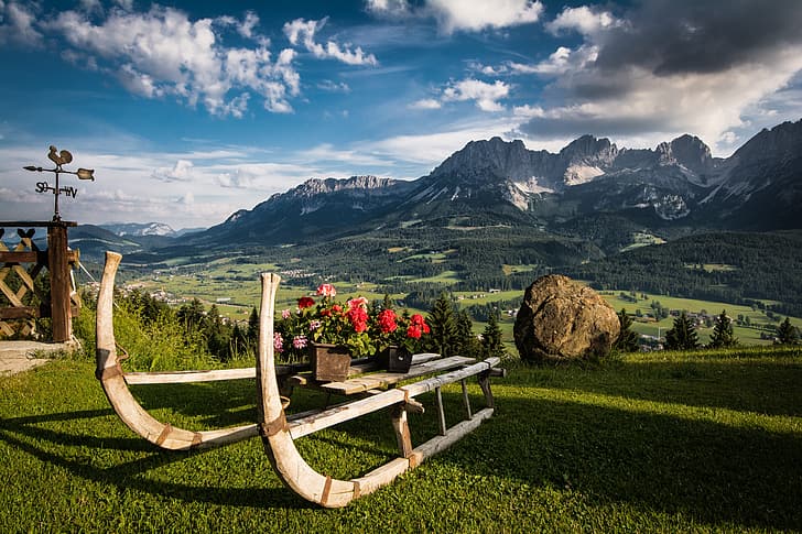 landscape, flowers, mountains, nature, stone, Austria, Alps, sleigh, meadows, decoration, weathervane, Tyrol, HD wallpaper