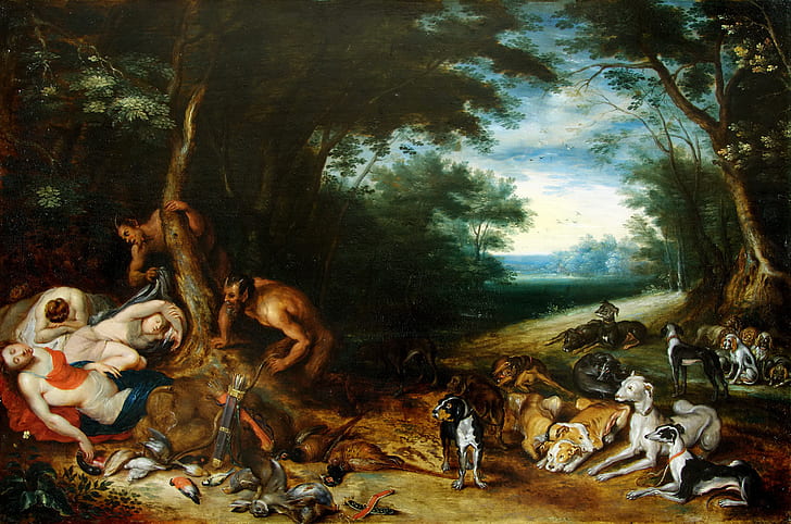 cuadro, mitología, Jan Brueghel el joven, sátiro y ninfa durmiente, Fondo de pantalla HD