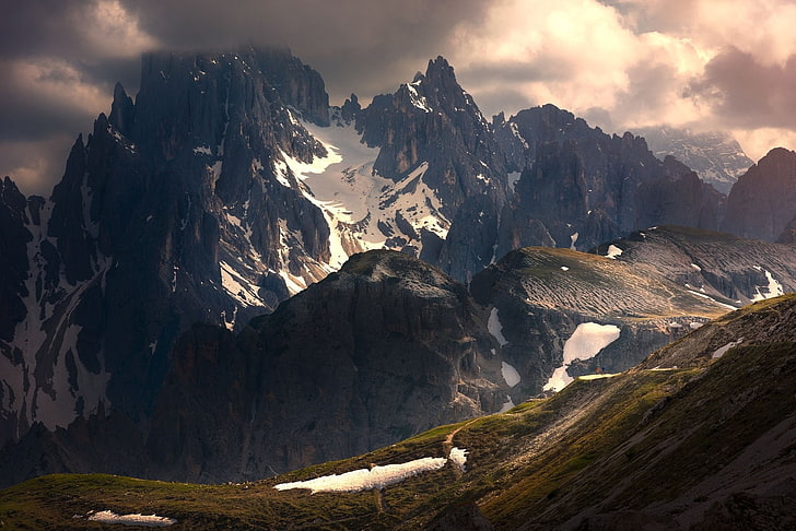 fotografía, naturaleza, paisaje, nieve, nubes, montañas, luz solar, senderismo, Dolomitas (montañas), Italia, Fondo de pantalla HD
