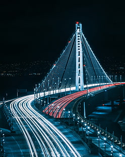 التعرض الطويل ، كاليفورنيا ، سان فرانسيسكو ، خليج سان فرانسيسكو ، التصوير الفوتوغرافي ، الأضواء ، حركة المرور ، الليل ، الجسر ، إشارات المرور ، المناطق الحضرية ، المدينة، خلفية HD HD wallpaper