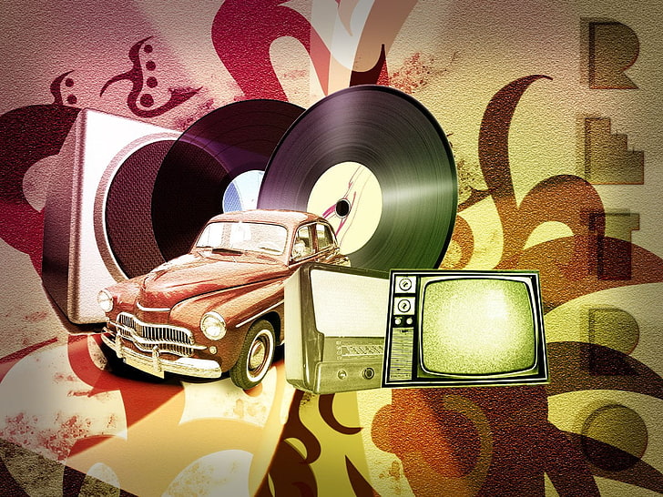voitures, disque vinyle et oeuvre de télévision, voiture de sport, vieille voiture, vintage, pixel art, musique, vinyle, téléviseurs, Fond d'écran HD