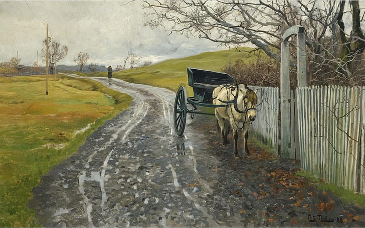 En attente, 1888, Frits Thaulov, Frits Thaulow, peintre paysagiste norvégien, huile sur toile, peintre impressionniste norvégien, L'attente, l'attente, Fond d'écran HD