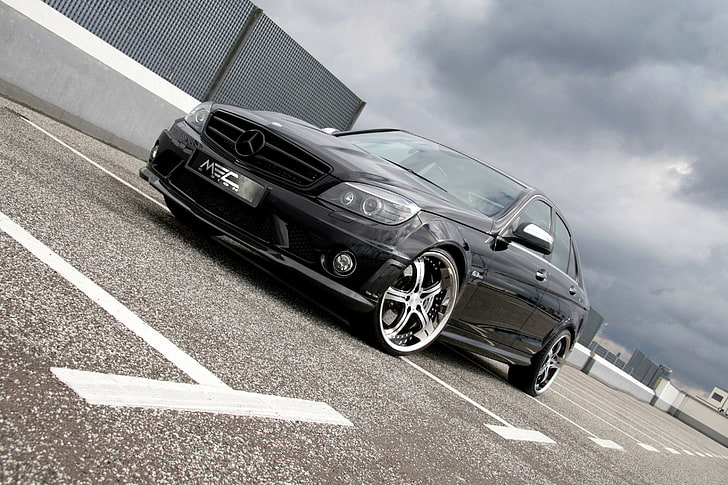 black Mercedes-Benz sedan, clouds, machine, black, cars, C Class, auto wallpapers, car Wallpaper, C63 AMG, MEC Design, rims, parking, HD wallpaper