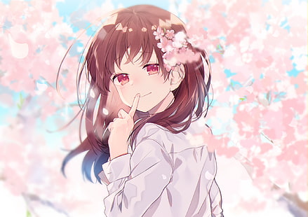 chica anime, shhh, flor de cerezo, cabello castaño, Anime, Fondo de pantalla HD HD wallpaper