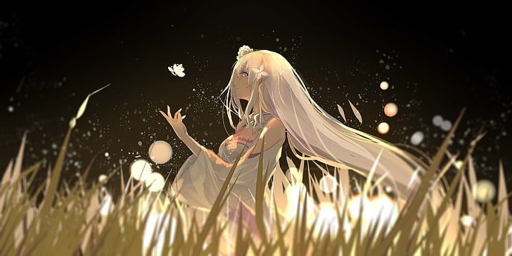 personaggio dei cartoni animati femminile dai capelli bianchi, Emilia (Re: Zero), Re: Zero Kara Hajimeru Isekai Seikatsu, erba, capelli bianchi, scollatura, Sfondo HD