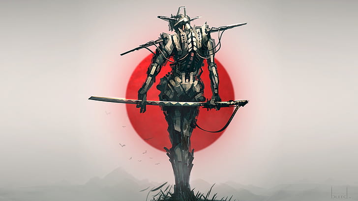 Japón, espada, fantasía, robot, arma, katana, pájaros, sol, arte digital, ilustraciones, samurai, guerrero, arte de fantasía, sol rojo, Fondo de pantalla HD