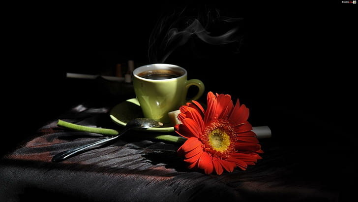 Coffee Time With Gerbera, red flower and green coffee mug, coffee time, still life, gerbera, flowers, nature and landscapes, HD wallpaper