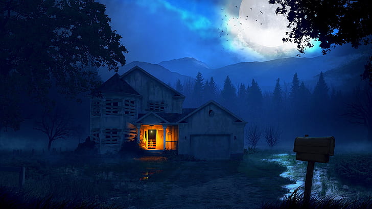 призрак, луна, лес, дом, темно, страшно, фэнтези, HD обои