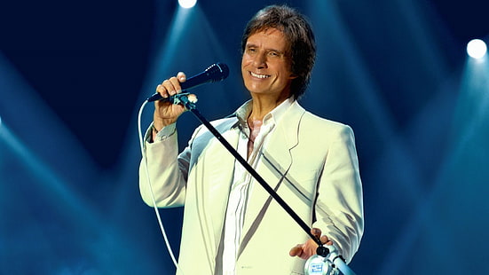men's white notch lapel suit jacket, roberto carlos, microphone, light, suit, smile, HD wallpaper HD wallpaper
