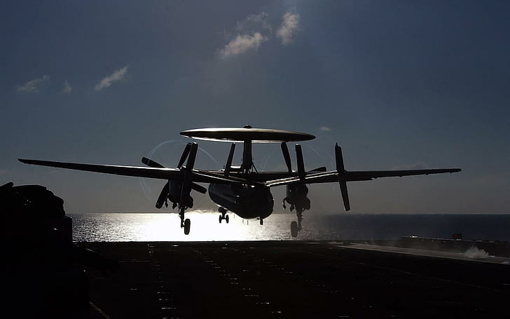 An E 2C Hawkeye from Carrier Airborne, silhouette of aircraft, from, airborne, hawkeye, carrier, planes, HD wallpaper