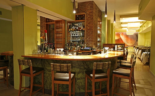 brązowy drewniany stół barowy, bar, lada, stoły, krzesła, projekt, wnętrze, styl, Tapety HD HD wallpaper
