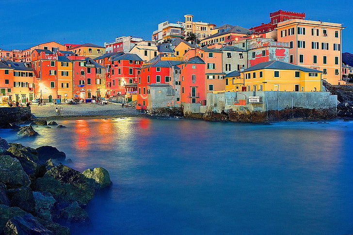 malam, lampu, rumah, Teluk, Italia, Genoa, Boccadasse, Wallpaper HD