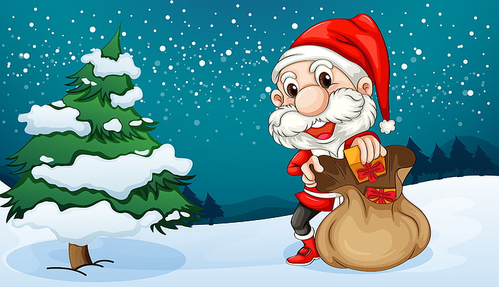 Санта-Клаус иллюстрации, снег, вектор, елка, новый год, подарки, рождество, дед мороз, искусство, сумки, ёлка, сумка для игрушек, мешок игрушек, ранец, сумка подарков. Рождество, сумка подарков., HD обои