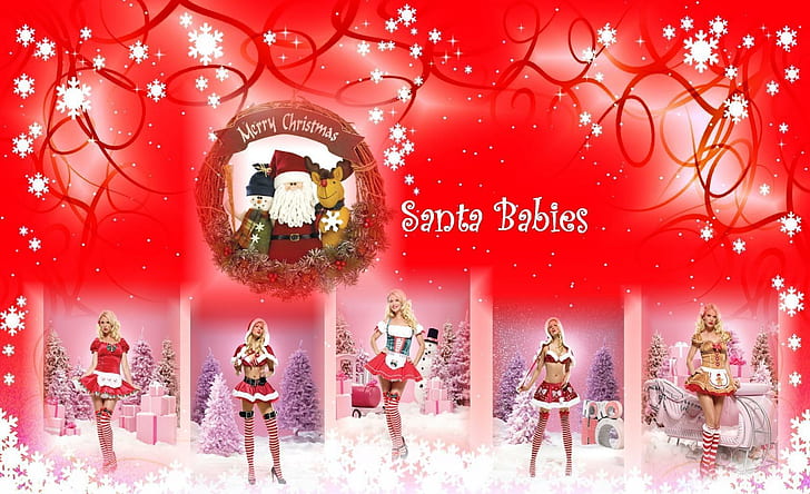 santa claus, girls, christmas, presents, snowflakes, inscription, santa claus, girls, christmas, presents, snowflakes, inscription, HD wallpaper