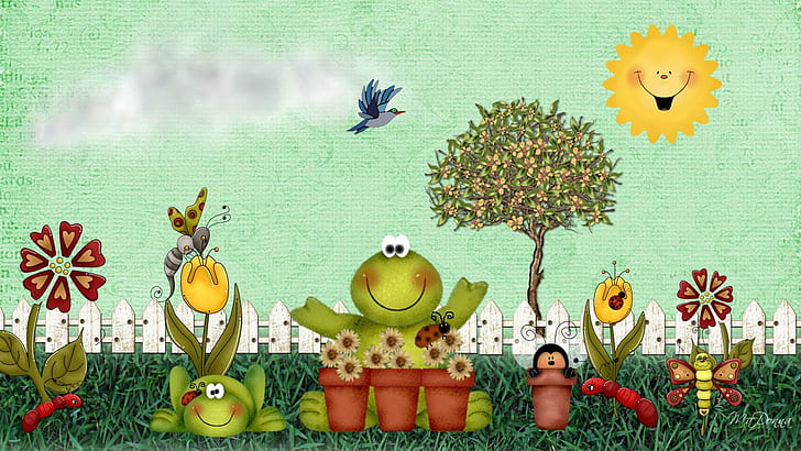 Springs Wonderl, gorgs dans la peinture de dessin animé de jardin, personnage de Firefox, arbre, herbe, lunatique, grenouilles, clôture, fleurs, oiseaux, coccinelle, chenille, Fond d'écran HD