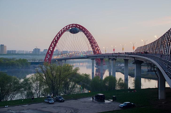 gray concrete bridge, bridge, Moscow, red, HD wallpaper