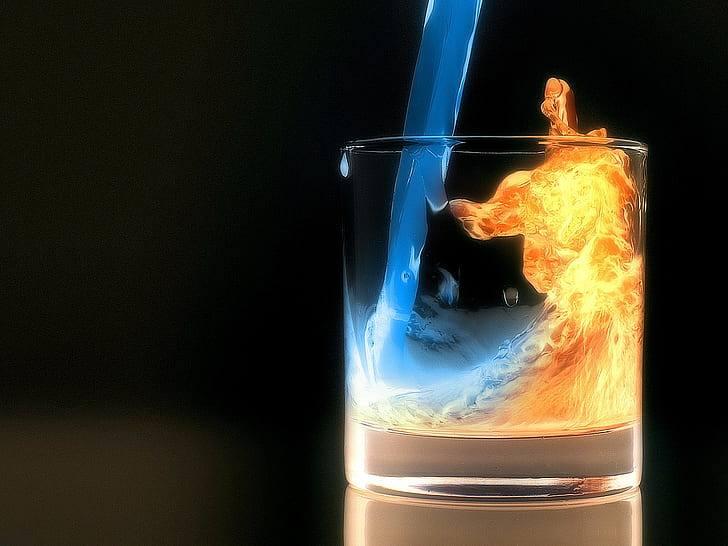 acqua, fuoco, vetro, liquido, arte digitale, Sfondo HD