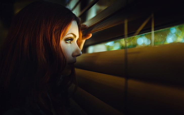 women, redhead, looking away, face, model, window, profile, HD wallpaper