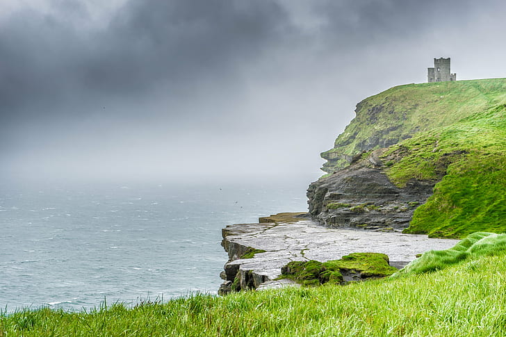brown rock cliff near body of water, liscannor, ireland, liscannor, ireland, oh, Moher, Liscannor, body of water, by the sea, cliffs, clouds, europe, grass, history  ireland, landscape, sel2870, sky, sony a7, tower, travel, trip, sea, lighthouse, coastline, nature, rock - Object, cliff, HD wallpaper