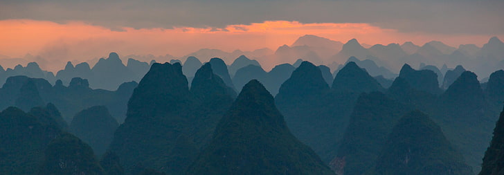 bergskedjor, Guilin, Kina, berg, soluppgång, moln, natur, landskap, HD tapet