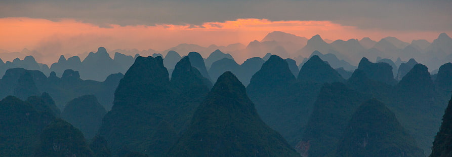 mountain ranges, Guilin, China, mountains, sunrise, clouds, nature, landscape, HD wallpaper HD wallpaper